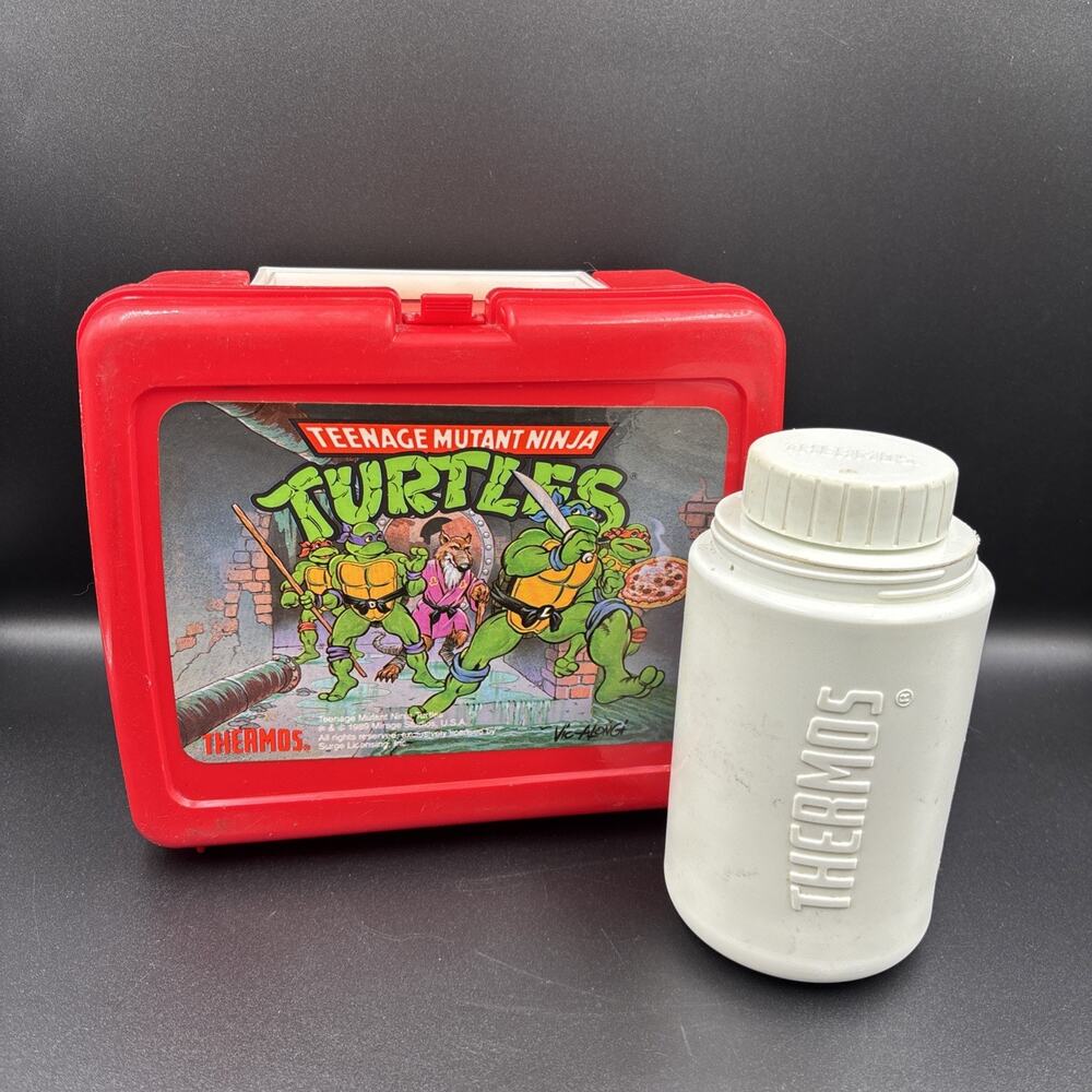 VTG TMNT Teenage Mutant Ninja Turtles SPLINTER - Plastic Red Lunchbox w Thermos